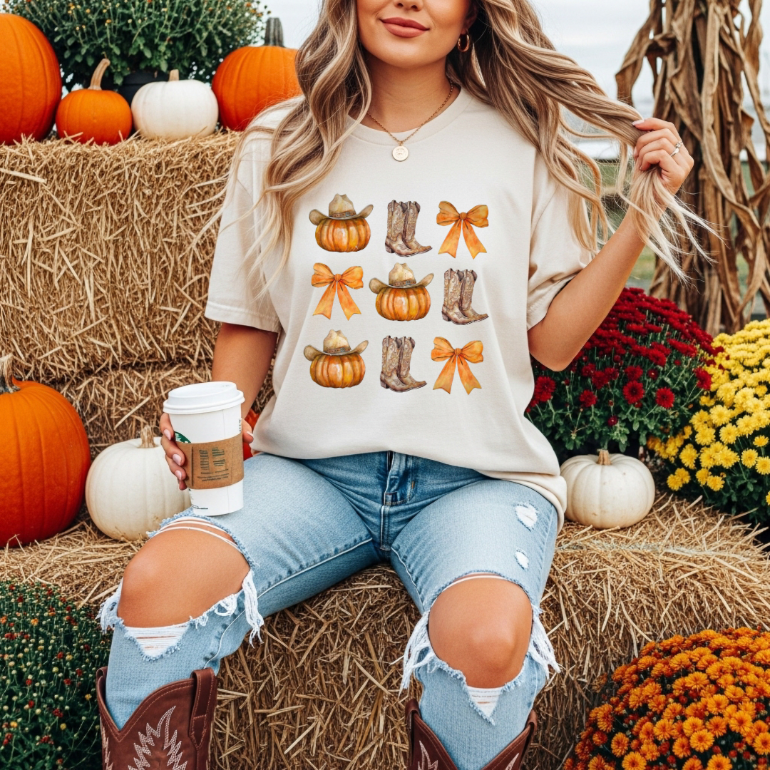 “Boots, bows & pumpkins” Tee