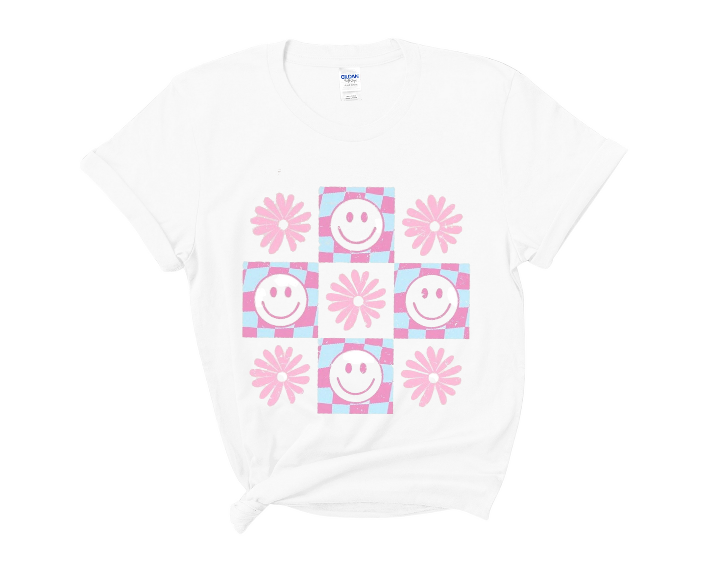 “Distressed Smiley & Floral” Tee