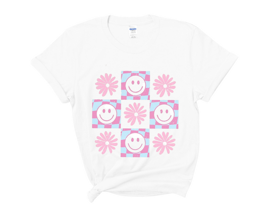 “Distressed Smiley & Floral” Tee